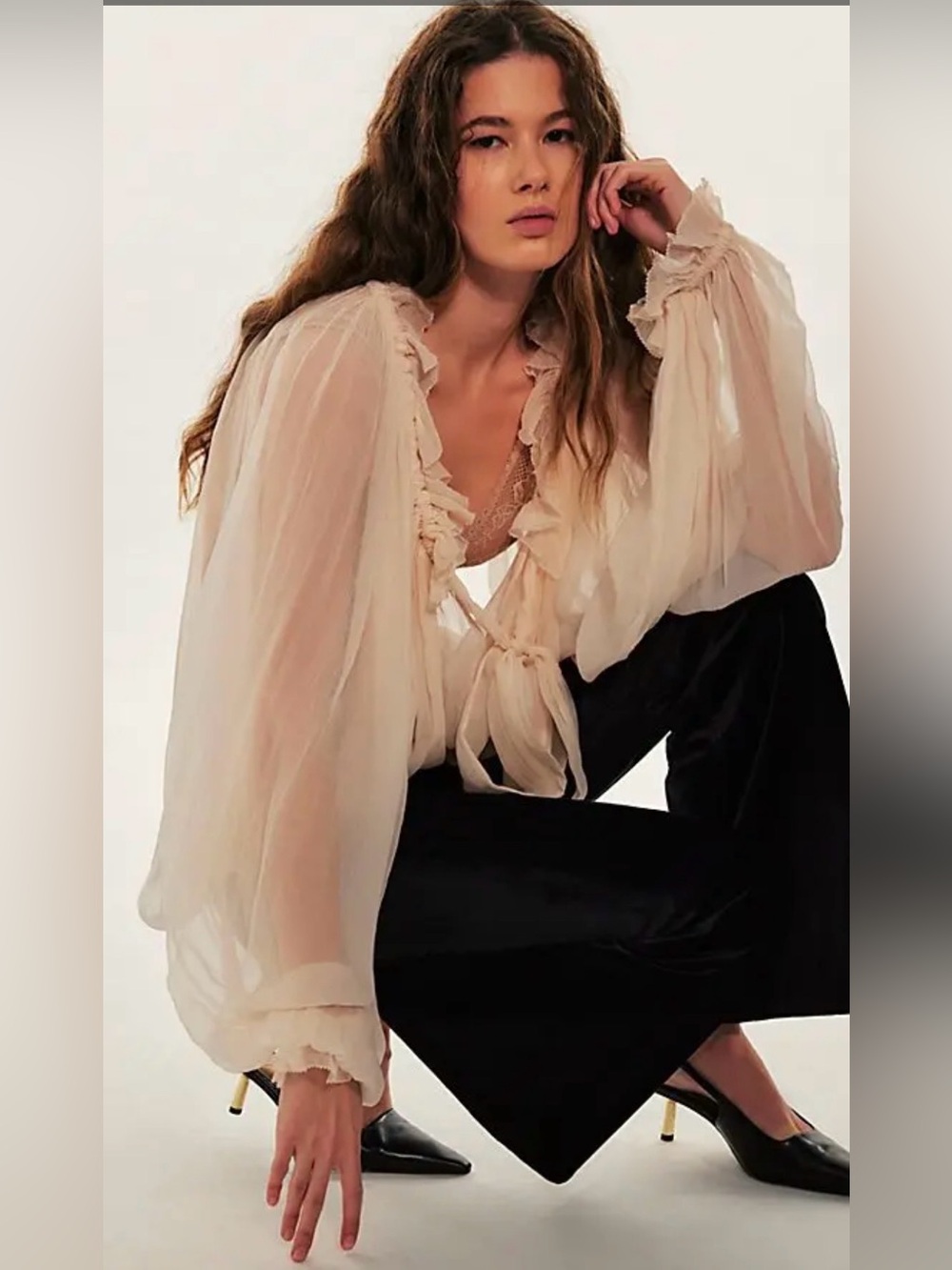 Free People Chiffon Bow Blush Top Medium Ivory Sheer Romantic Ruffle Blouse